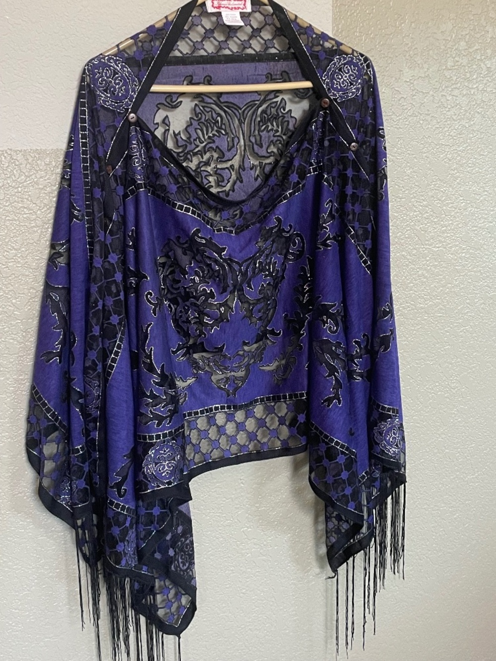 Kokomo unlimited royal bue silver and black shawl button closure fringe